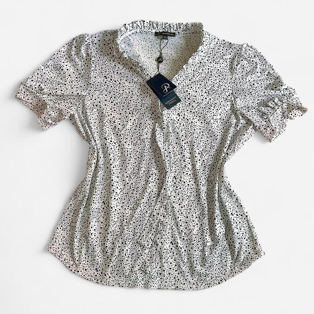 ADRIANNA PAPELL Women's M Polka Dot Ruffle Neck Blouse White/Black